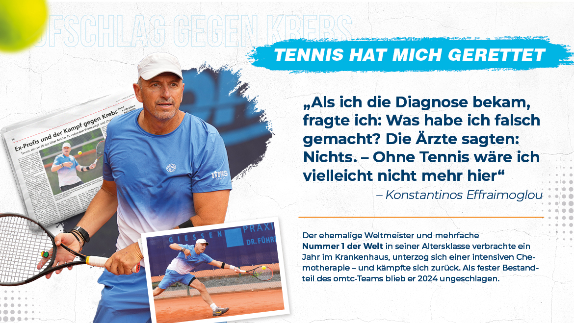 Der ehemalige Tennis-Weltmeister ist Mitglied des H60 omtc Regionalliga-Teams und spricht offen über seinen Kampf gegen Krebs im Rahmen der Aufschlag gegen Krebs-Initiative